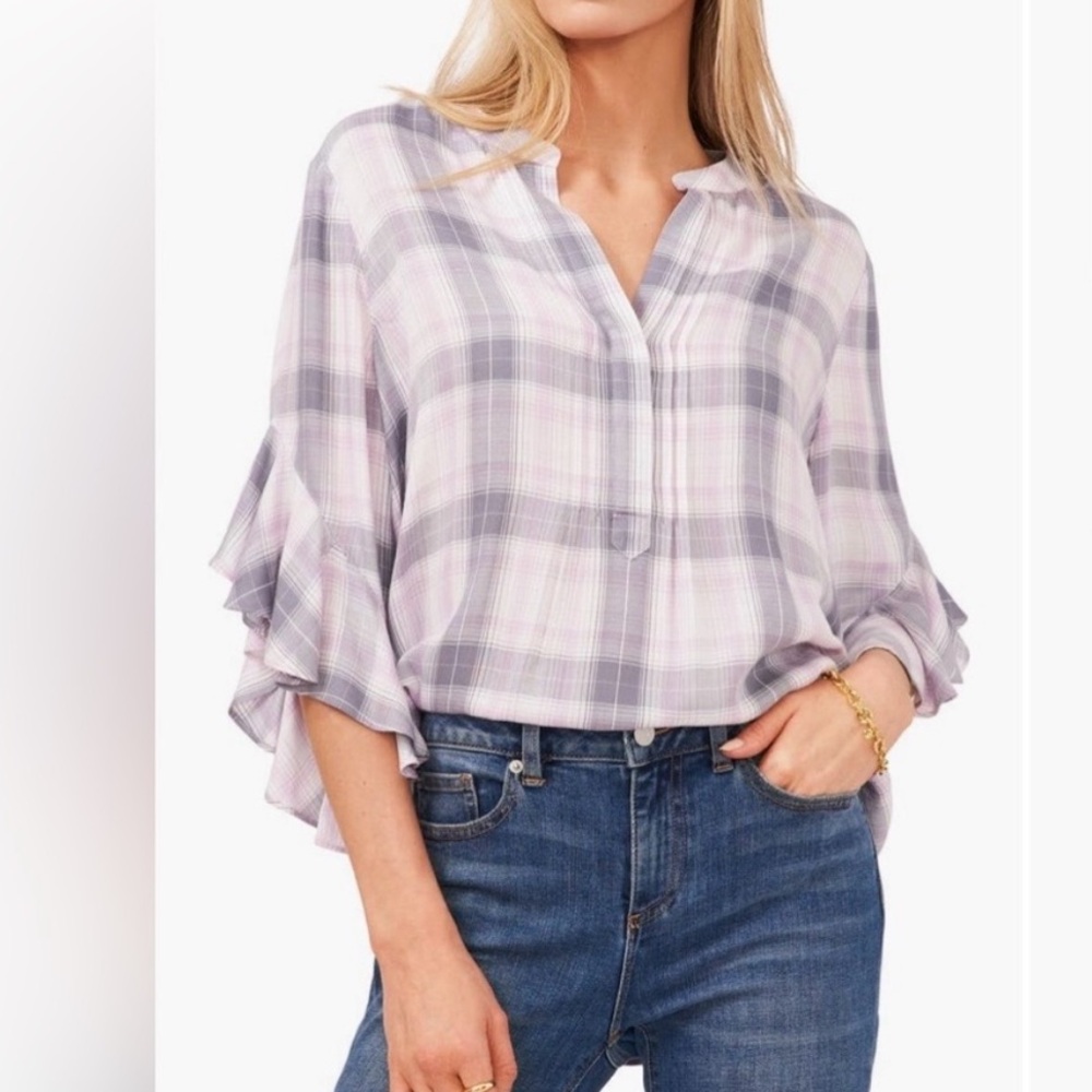 New 1X Vince Camuto Spring Romance Plaid Flutter Sleeve Top